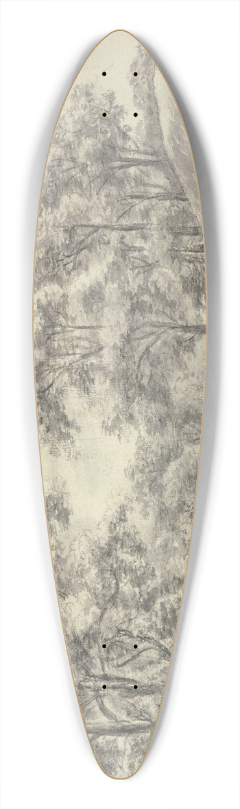 Antonie Waterloo - Waldpartie, ein Weg schlngelt sich an einem rechts liegenden baumlosen Hgel vorbei in einen Laubwald hinein, links im Hintergrund einige Htten 39.3 inch art pintail longboard deck