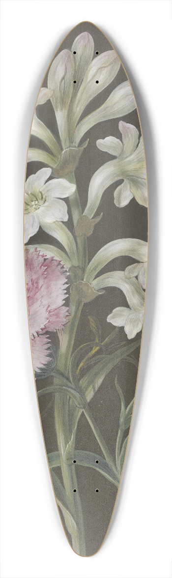 Barbara Regina Dietzsch - Gesteck aus Tuberose (Polyanthes), rosa Nelke (Dianthus) und gelber Blume mit Fliege 39.3 inch art pintail longboard deck