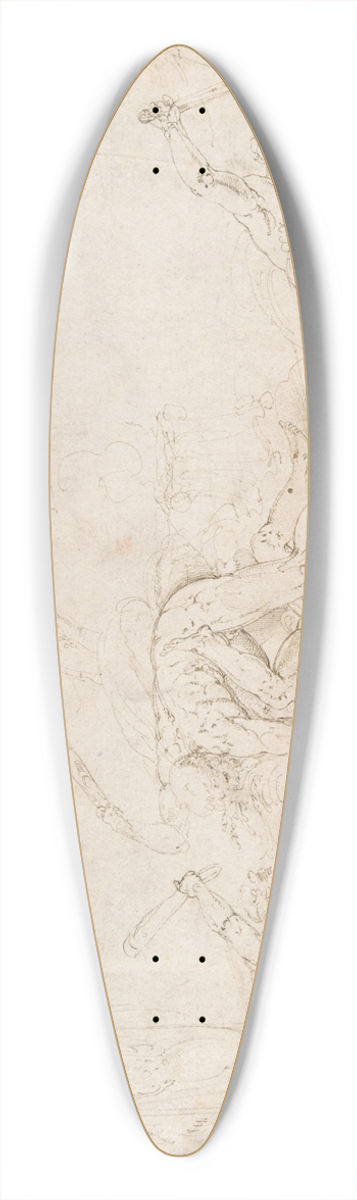 Battista Franco - Figure Studies; Three Sketches of Cain Killing Abel, with an Altar of Sacrifice at Center, Two Standing Women, a Hand, and a Seated Child with a Squirrel 39.3 inch art pintail longboard deck