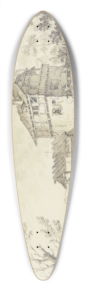 Christian Georg Schtz the elder - Huser an einem Wasser, von einem Vorbau aus fischt ein Mann mit einem Netz, links an einem Baum ein Angler mit seiner Frau 39.3 inch art pintail longboard deck