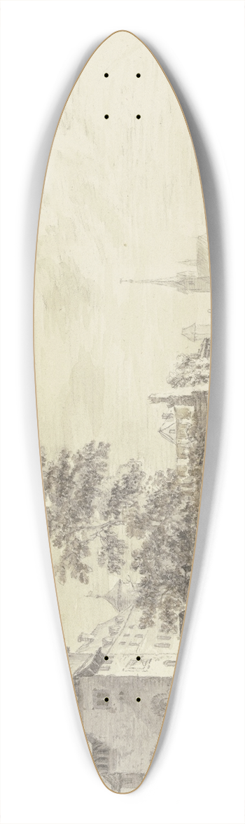 Christian Georg Schtz the elder - Stadttor bei einem Turm am Wasser (Oestrich), vorne ein Kahn mit drei Personen und einem Hund 39.3 inch art pintail longboard deck