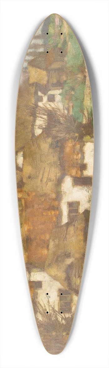 David Gauld - Church and farm cottages by a river 39.3 inch art pintail longboard deck