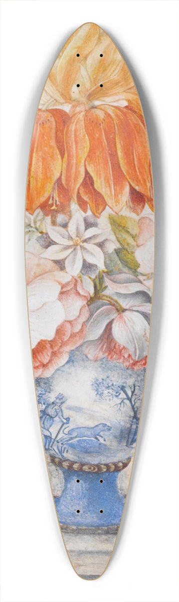 Dutch School - Still Life Of Flowers In A Blue Decorative Vase With A Bird Perched Beside On A Ledge 39.3 inch art pintail longboard deck