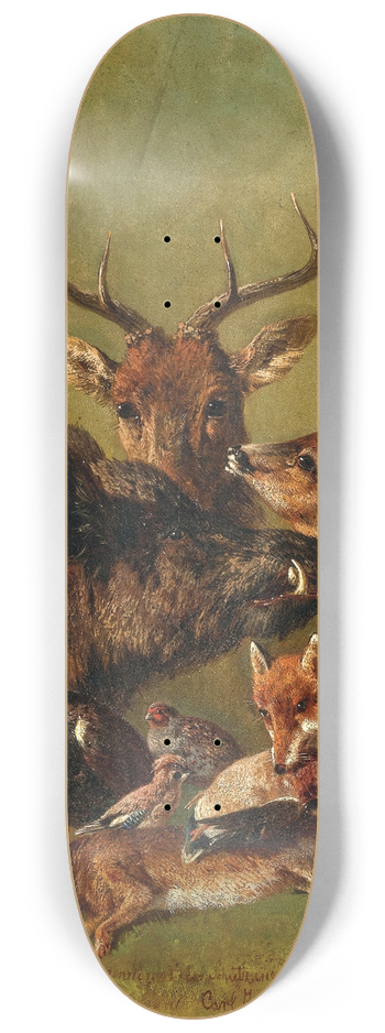 Carl Jutz - Hunting Still Life with Stag, Wild Boar, Fox, Hare, Sparrowhawk and Pheasant 8.25 inch art skate deck