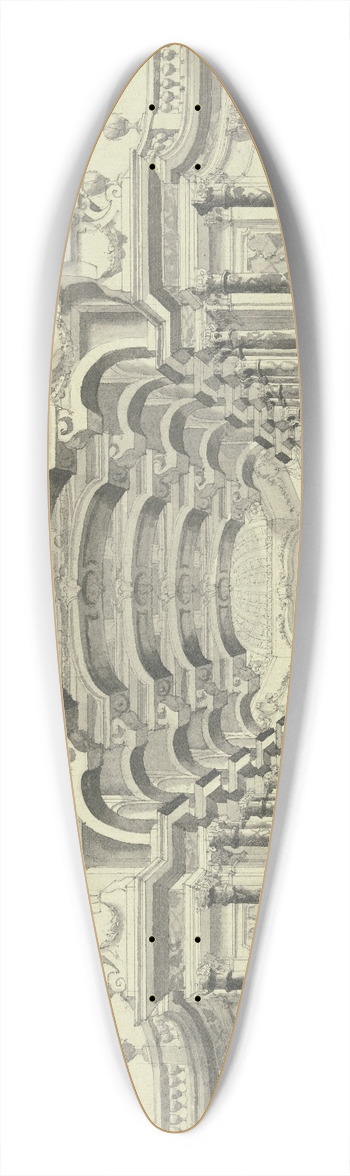 Ferdinando Galli Bibiena - Eine groe Halle mit einem Baldachin berbaut, unter welchem ein Wappen zu sehen ist, rechts und links zwei Faune in Trompeten stoend 39.3 inch art pintail longboard deck