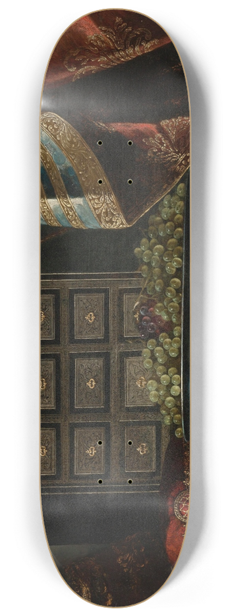 Carlo Manieri - STILL LIFE OF A CHEST, FRUIT AND OTHER OBJECTS ON A BROCADE DRAPED TABLE 8.25 inch art skate deck