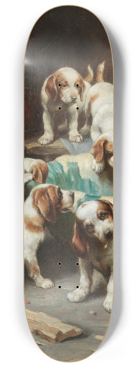 Carl Reichert - Beagle Puppies Feasting 8.25 inch art skate deck