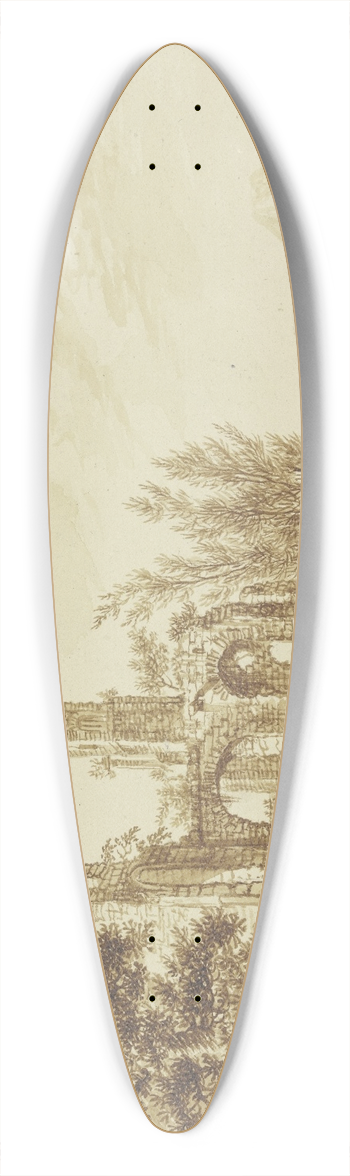 Franz Hochecker - Links unter einem Baum Ruinen, rechts Ausblick auf eine Flulandschaft, im Vordergrund ein rastendes Paar mit zwei Kindern 39.3 inch art pintail longboard deck