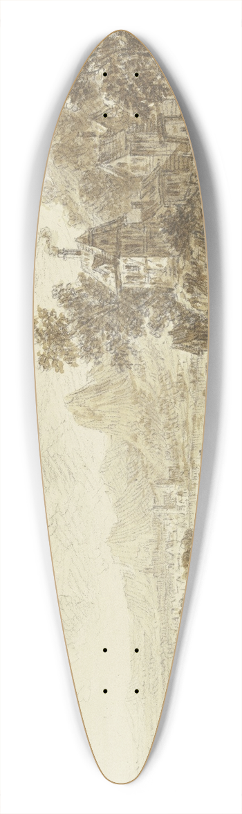 Franz Schtz - Flussgegend, rechts ansteigendes Gebirge, im Vordergrund bei einem Dorf drei Figuren 39.3 inch art pintail longboard deck