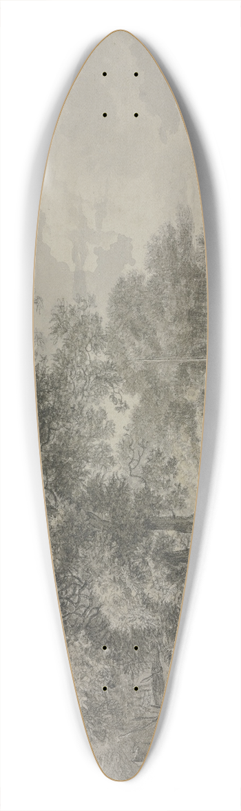 Geerlig Grijpmoed - Baumpartie mit Fischerhtten an einem Fluss, rechts im Vordergrund ein Kahn mit zwei Mnnern, die Reuen legen, dabei vier schwimmende Enten 39.3 inch art pintail longboard deck