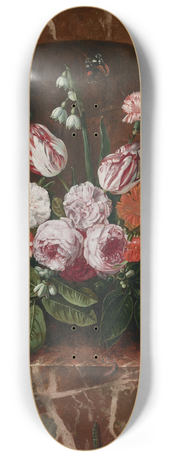 Carstian Luyckx - A garland of tulips, roses, lilies of the valley and other flowers, suspended from blue ribbons before a marble alcove with butterflies and caterpillars 8.25 inch art skate deck