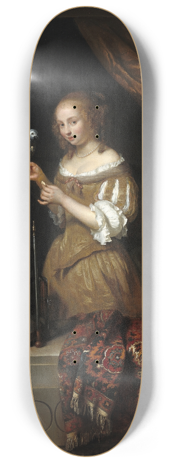 Caspar Netscher - A Woman Feeding a Parrot,with a Page 8.25 inch art skate deck