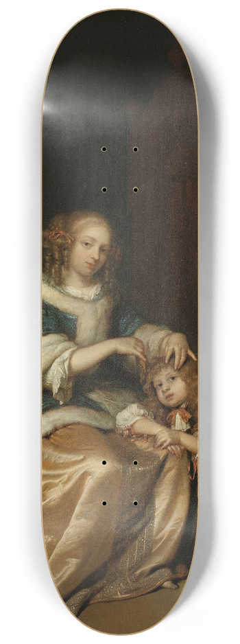 Caspar Netscher - Interior with a Mother Combing her Childs Hair, Known as Maternal Care 8.25 inch art skate deck