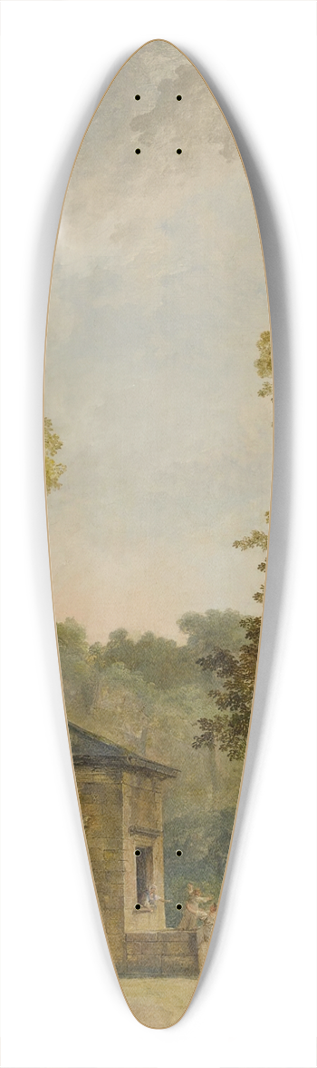 Hubert Robert - View of a walled garden courtyard, with a woman feeding chickens and other figures in the foreground 39.3 inch art pintail longboard deck