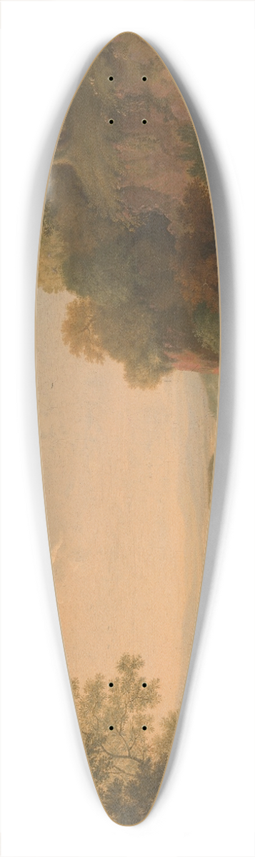 James Lambert of Lewes - A River Scene with Thatched Huts by a Bridge over a Weir 39.3 inch art pintail longboard deck