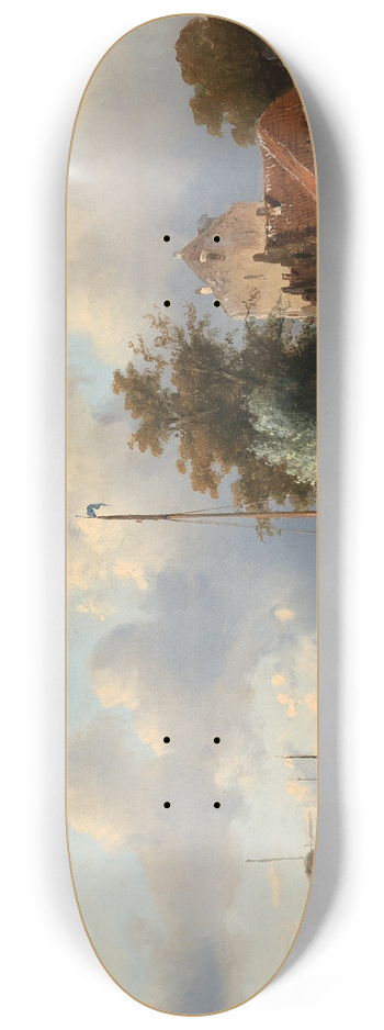 Charles Leickert - A River Landscape with Figures on the Bank 8.25 inch art skate deck