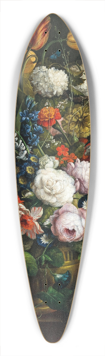 Johann Baptist Drechsler - Tulips, daffodils, roses and other flowers in a vase on a stone ledge with butterflies and a birds nest 39.3 inch art pintail longboard deck