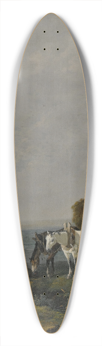 Johannes Lingelbach - Falconers on a path with harvesters loading hay onto a wagon nearby, a valley beyond, at dusk 39.3 inch art pintail longboard deck