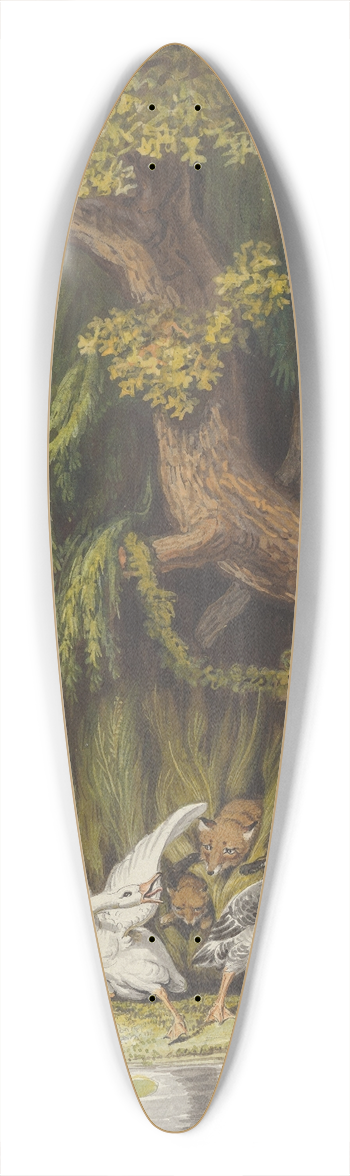 Johann Heinrich Wilhelm Tischbein - A Goose and a Gander with their Goslings Honking in Alarm as Two Foxes with their Cubs Emerge from the Rushes 39.3 inch art pintail longboard deck