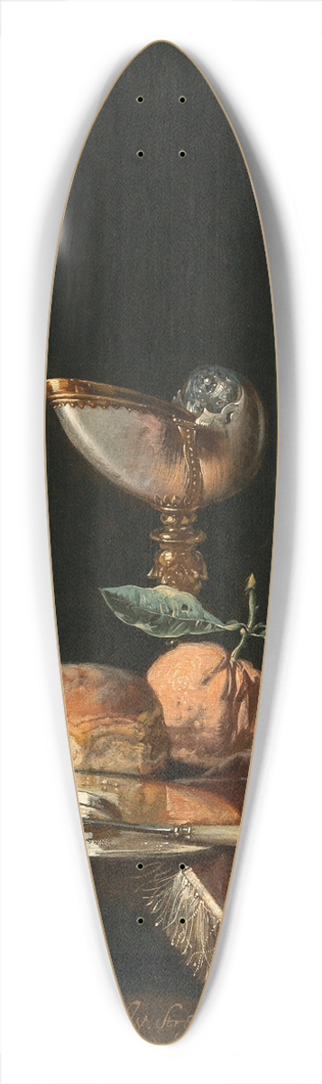 Juriaen van Streeck - A Nautilus cup, a Wan-Li Kraak porcelain bowl with mixed fruit, a silver salver and a glass of wine on a stone table with a velvet cover 39.3 inch art pintail longboard deck
