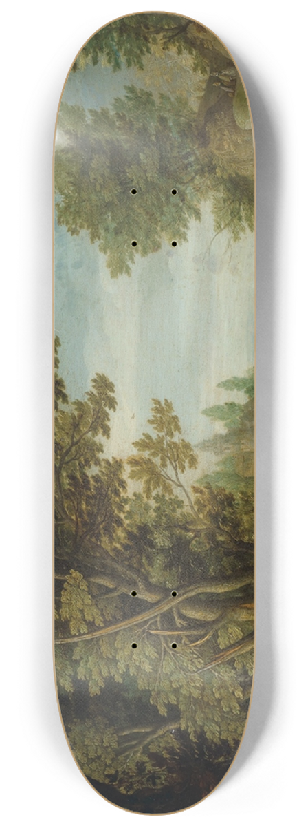 Adriaen van Stalbemt - A wooded landscape with travelers crossing a bridge 8.25 inch art skate deck