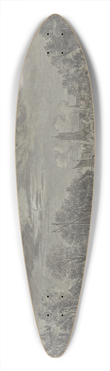 Karel La Fargue - Moonlit view of a river with fishermen and a town in the background 39.3 inch art pintail longboard deck