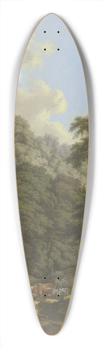 Karl Franz Kraul - Waldige Berglandschaft mit einer Burgruine, ein Hirte treibt seine Herde von der Weide 39.3 inch art pintail longboard deck