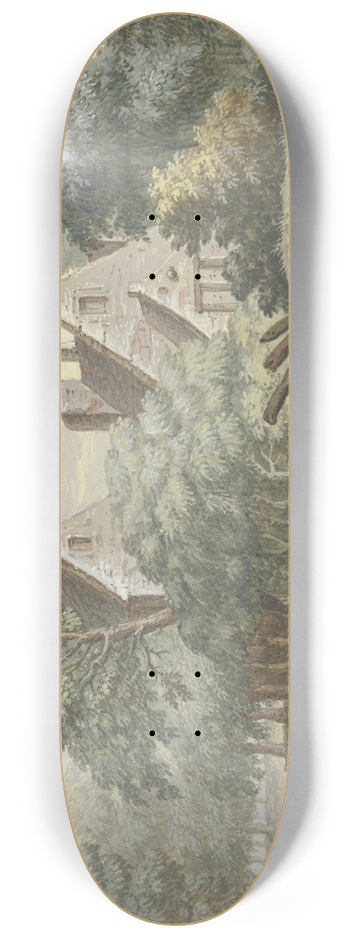 Christian Georg Schtz the Younger - Drfchen zwischen Bumen an einem Bach, im Vordergrund zwei Figuren 8.25 inch art skate deck