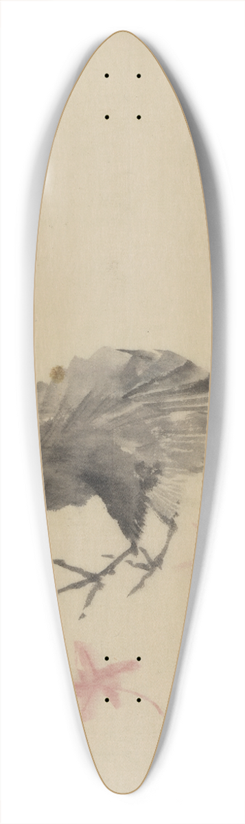 Katsushika Hokusai - A bird, possibly crow or raven, facing left, standing among leaves with head cocked as though looking closely or listening 39.3 inch art pintail longboard deck