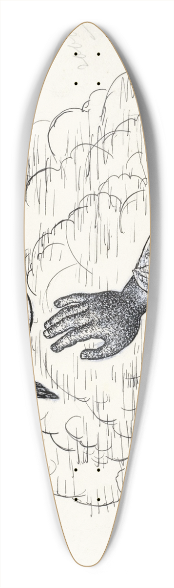 Leo Gestel - Zonder titel Vignet voor biografie van Gestel door Van der Pluym, gezicht op Woerden met daarboven een hand die reikt naar een gevleugeld palet 39.3 inch art pintail longboard deck