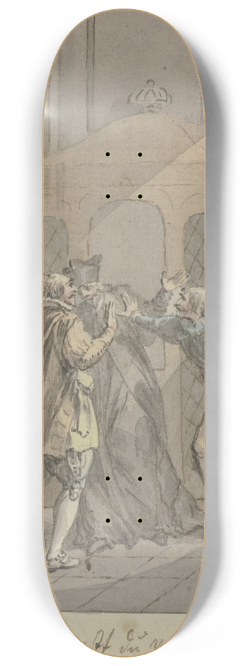 Christian Sambach - Drei diskutierende Mnner mit Degen und ein Geistlicher vor einem Beichtstuhl 8.25 inch art skate deck