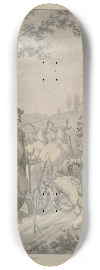 Christian Sambach - Einem pflgenden Mann mit einem Ochsengespann nhert sich eine Gruppe von barhuptigen Mnnern, bei ihnen kniet ein Pferd 8.25 inch art skate deck