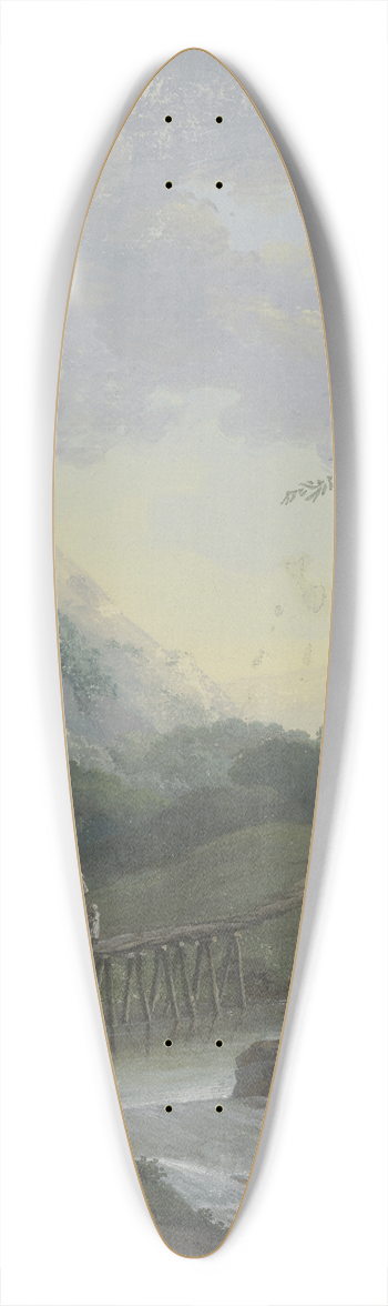 Louise von Panhuys - Landschaft mit einem Wasserfall und einem Steg, auf dem zwei Frauen und ein Kind gehen 39.3 inch art pintail longboard deck