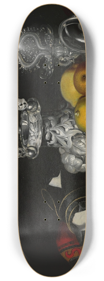 Circle of Georg Hinz - Still life with a faon-de-Venise serpent-stemmed wine glass, a silver vessel, a block of sugar and lemons on a pewter plate, all on a draped table 8.25 inch art skate deck