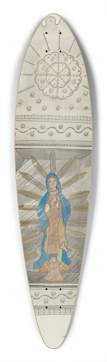 Majel G. Claflin - Tin Nicho Containing Guadalupe Bulto 39.3 inch art pintail longboard deck