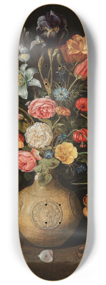 Clara Peeters - Roses, lilies, an iris and other flowers in an earthenware vase, with a pot of carnations and a butterfly on a ledge 8.25 inch art skate deck