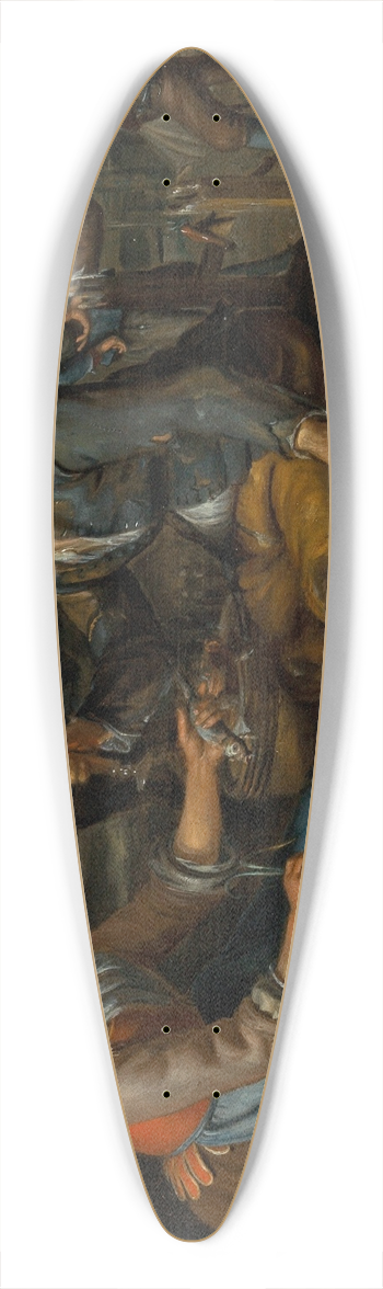Matthijs Naiveu - A woman offering an onion and a herring to a young man holding a glass of beer, others smoking and playing skittles behind them 39.3 inch art pintail longboard deck