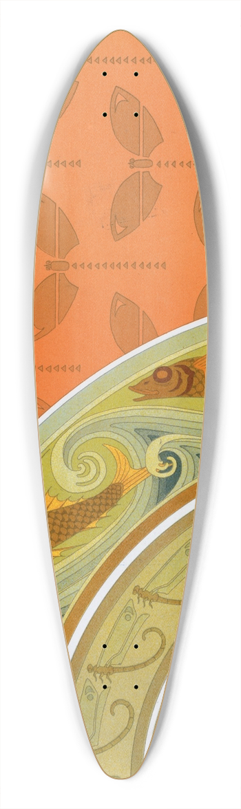 Maurice Pillard Verneuil - Grenouilles et nnuphars, bordure; libellules, pochoir; poissons volants, libellules, bordures; milan et rat 39.3 inch art pintail longboard deck