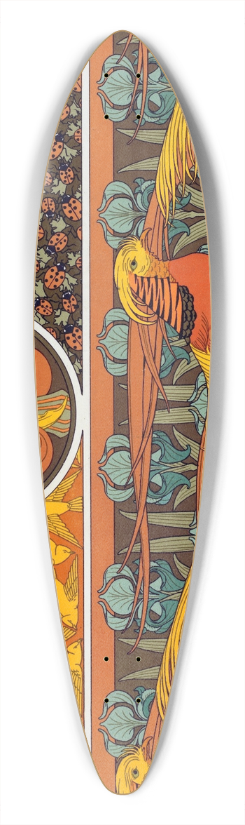 Maurice Pillard Verneuil - Oiseaux, jeu de fond. Escargots et champignon. Coccinelles et capillaires, toffe. Faisan dors et iris, bordure. 39.3 inch art pintail longboard deck