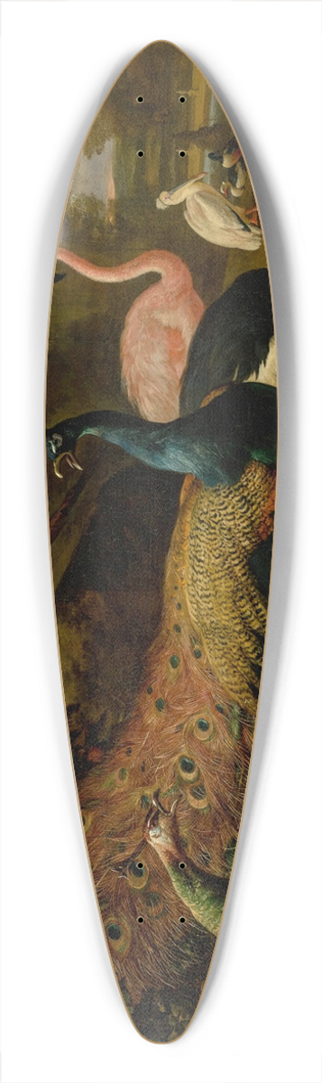 Melchior d'Hondecoeter - Exotic fowl, including a peacock and peahen, flamingo, African crane, pheasant, and lapwing, shoveller, pelican and tufted duck 39.3 inch art pintail longboard deck