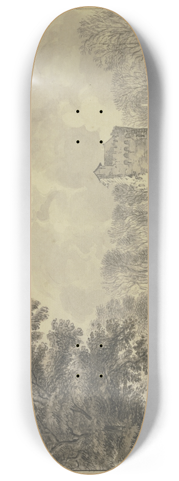 Aernout Ter Himpel - Ruine eines alten Turmes an einem Wasser, auf welchem mehrere Fischerkne sind 8.25 inch art skate deck