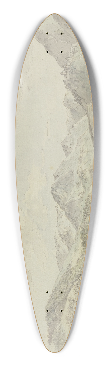 Nicolas Perignon - Ein Schweizer Tal mit einem Flu zwischen Tannenwldern, rechts auf dem Berg ein Schlo, vorne fnf Khe 39.3 inch art pintail longboard deck