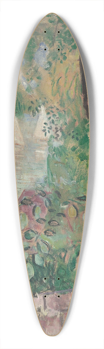 Oskar Moll - Blick auf See, mit Blttern und zwei weien Segelbooten 39.3 inch art pintail longboard deck