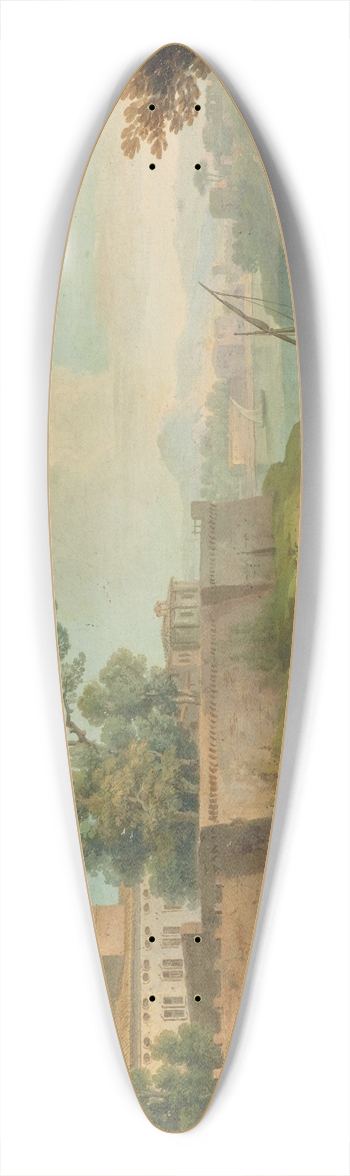 Paolo Anesi - A river landscape with fishermen and travellers at rest by a fortified village 39.3 inch art pintail longboard deck