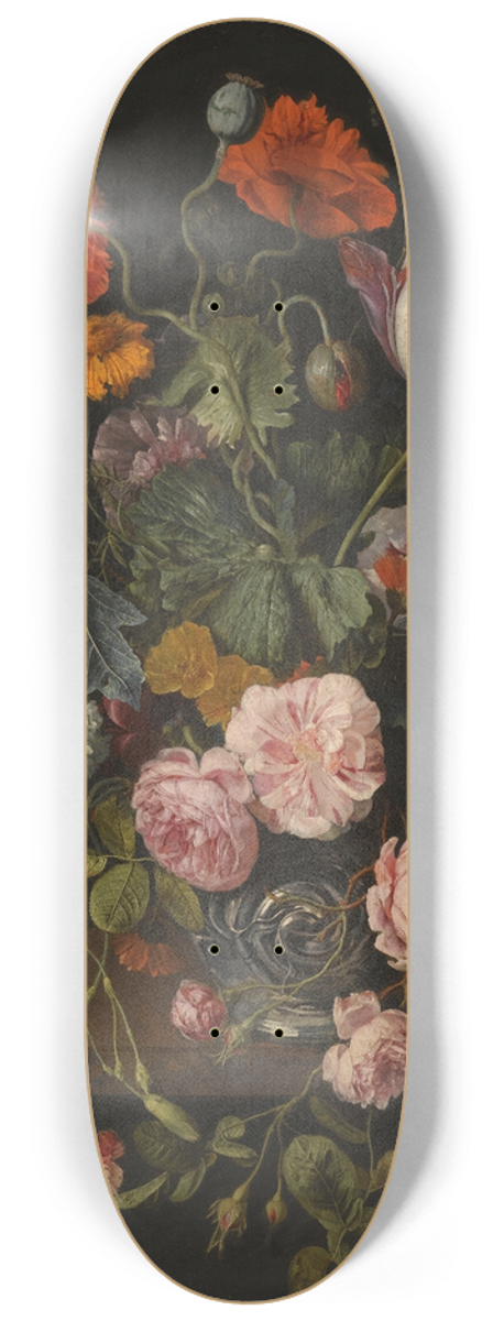 Cornelis Kick - A Still Life With Parrot Tulips, Poppies, Roses, Snow Balls, And Other Flowers In A Glass Vase OverA Stone Ledge 8.25 inch art skate deck
