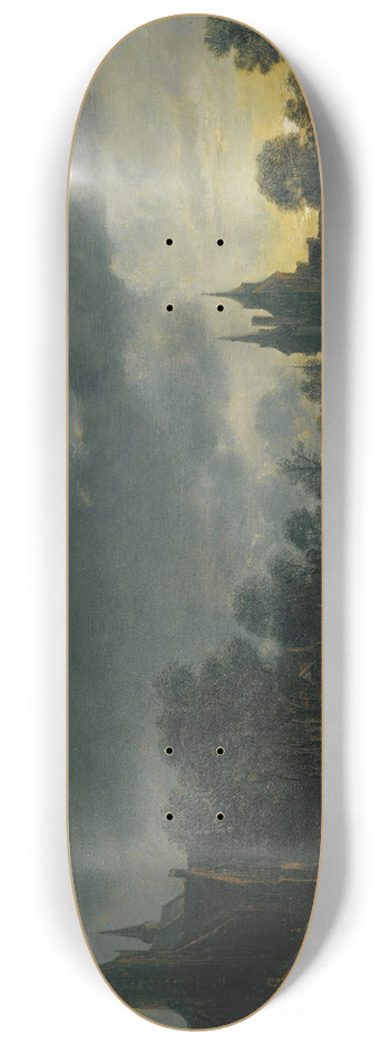 Aert van der Neer - A Moonlit River Landscape With Figures Standing By A Gate, A Village Beyond 8.25 inch art skate deck