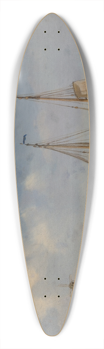 Petrus Paulus Schiedges - Moored fishing boats with windmills in the background 39.3 inch art pintail longboard deck