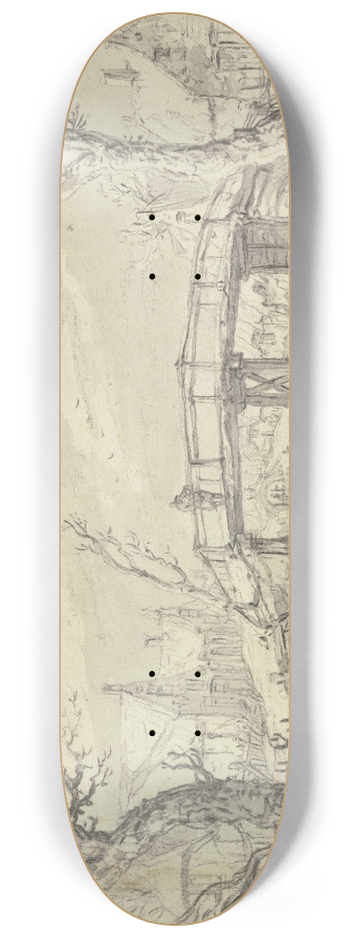Aert van der Neer - ber einen zugefrorenen Kanal bei einem Dorf eine Holzbrcke, vorne zwei Mnner mit einem Hund 8.25 inch art skate deck