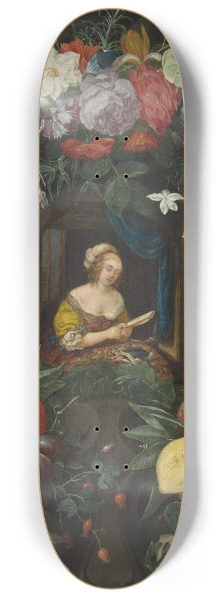 Cornelis van Huynen - Portrait of a lady in a circle of flowers 8.25 inch art skate deck