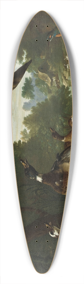 Pieter Casteels III - Ducks, a goldfinch, a kingfisher and swans along a river 39.3 inch art pintail longboard deck